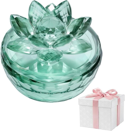 Crystal Jewelry Box, Small Glass Trinket Jar with Lid, Clear Lotus Flower Storage Holder for Women, Elegant Organizer Dish for Ring, Earrings, Necklace, Gift (Green)