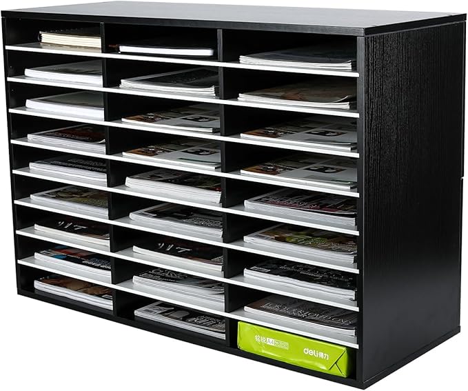 EasyPAG Mail Organizer Countertop, Wood Literature Organizer with Adjustable Shelves, Student Classroom Mailbox for School, Desktop Paper Sorter for Office Home, 27 Compartments, Black/White