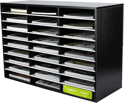 EasyPAG Mail Organizer Countertop, Wood Literature Organizer with Adjustable Shelves, Student Classroom Mailbox for School, Desktop Paper Sorter for Office Home, 27 Compartments, Black/White