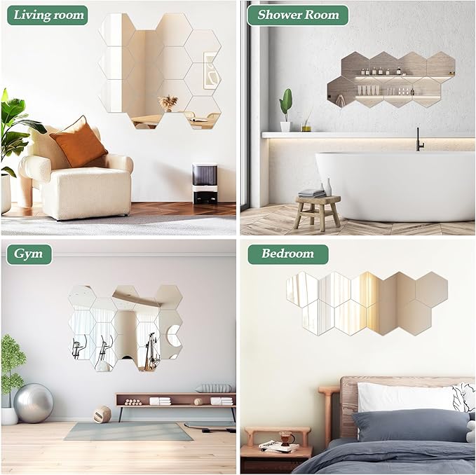 Abyssaly 4 Pack Acrylic Mirror Stickers 11.8" x 11.8", 3D Hexagon Flexible Plastic Mirror Tiles for Wall, Frameless Non-Glass Full Length Stick on Espejos Wall Tile Sheets for Bedroom Home Gym Door