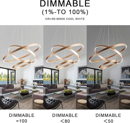 MADEM Modern LED Chandelier 3-Ring Circular Dimmable Pendant Light Contempoary Chanderlier Flush Mount Pendant Lighting for Living Room Dining Room, Bedroom,3000K-6000K,Gold