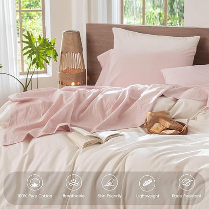 MooMee Bedding Sheet Set 100% Washed Cotton Linen Like Textured Breathable Durable Soft Comfy (Heathered Greyish Pink, King)