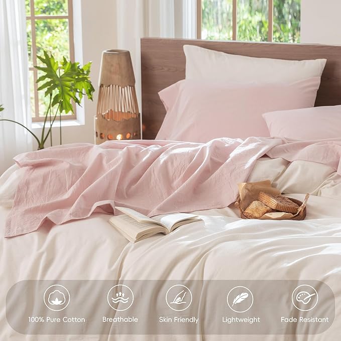 MooMee Bedding Sheet Set 100% Cotton Like Textured Breathable Durable Soft Comfy (Heathered Greyish Pink, Queen)