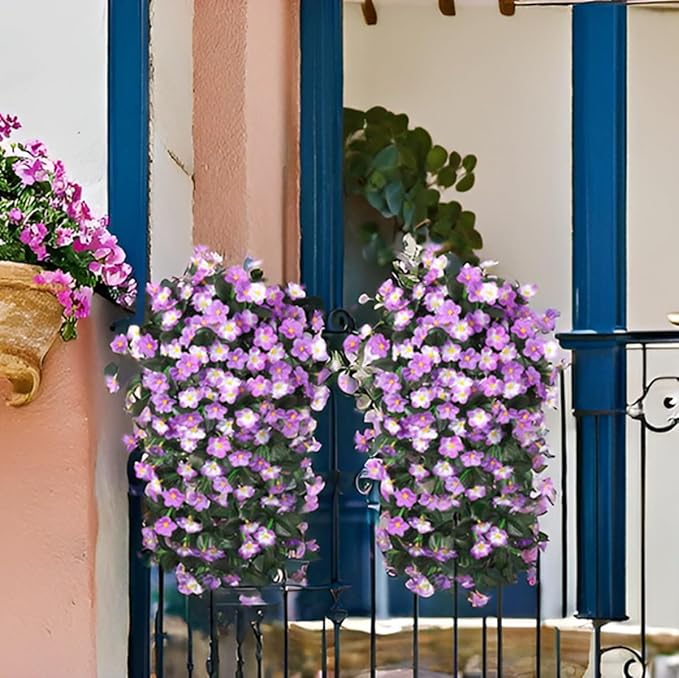 HyeFlora 2PCS Artificial Hanging Flowers for Outdoors, Faux Daisy Plants Fake Silk Orchid Long Stems UV Resistant Mums for Home Garden Wall Party Indoor Outdoor Decor(Light Fuchsia and Fuchsia)
