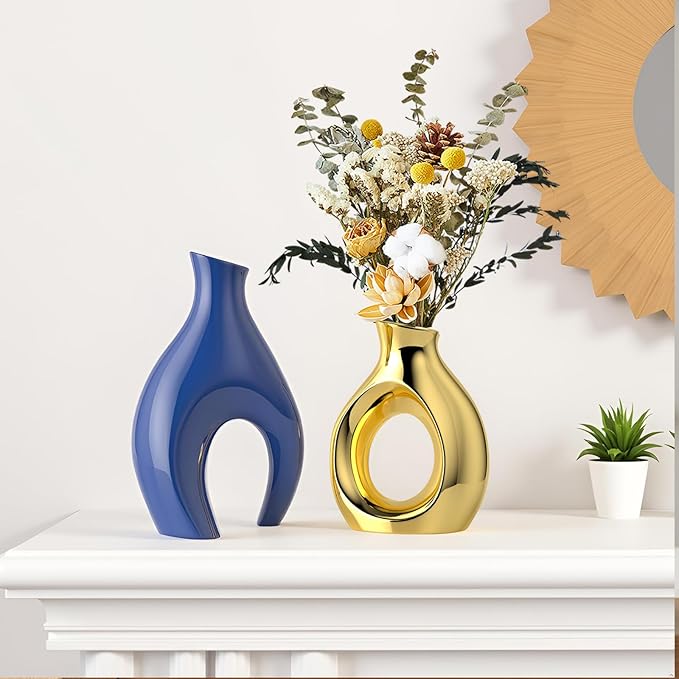 Blue Gold Modern Abstract Ceramic Vases for Home Decor,Nordic Snuggle Hollow Design for Flowers Pampas Grass Decorative,for Living Room Coffee Table Centerpiece,Entrance,Console (Blue)