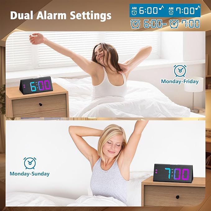 Wooden Digital Alarm Clock with Dual USB Charging Ports, DST, Dimmable, Snooze, RGB Colors, Modern Large Time Display LED Clock for Kids Bedrooms, Living Room, Desk, Table, Bedside, Nightstand (Black)