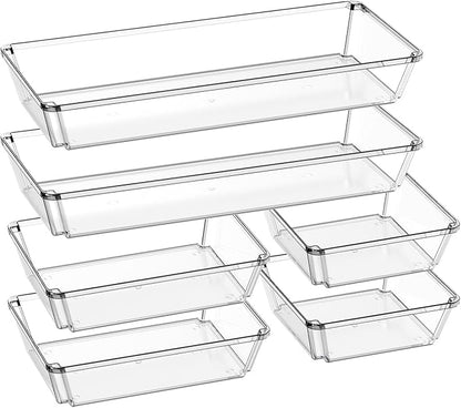 6 Pack Large Clear Plastic Drawer Organizer Trays, Desk Drawer Organizers and Storage Dividers, Non-Slip Storage Bins for Jewelry, Snacks, Office, Bathroom, Bedroom and Kitchen