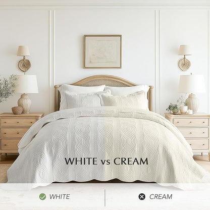 EVERGRACE 100% Cotton Scallop Quilt Set, King Size 3 Piece Set – Lightweight Bedspread with 2 Shams, Soft Prewashed Matelasse Coverlet for Cozy and Elegant Bedding, Bright White