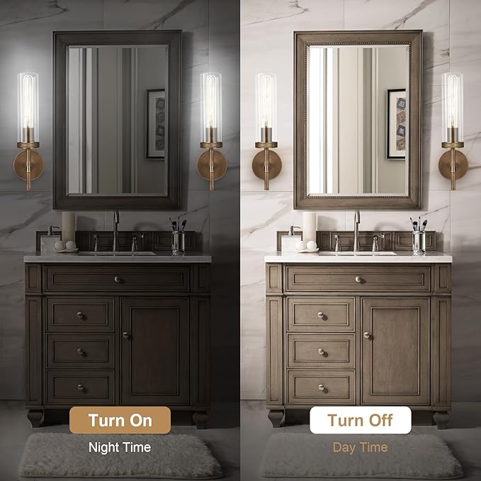 Bronze Wall Sconces Set of Two with White Light, 15'' Brushed Brass Knurled Bathroom Sconces Wall Lighting Vanity Light with Clear Glass for Living Room Mirror Bedroom Stairs