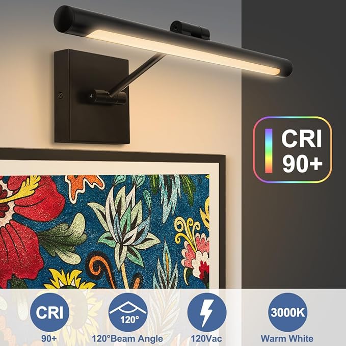 LED Picture Light for Paintings, Black Adjustable Art Light for Wall, 16.54inch 9W LED Wall Sconces Wall Light for Display Art Work, Dimmable Hardwired 3000K Warm White CRI90+