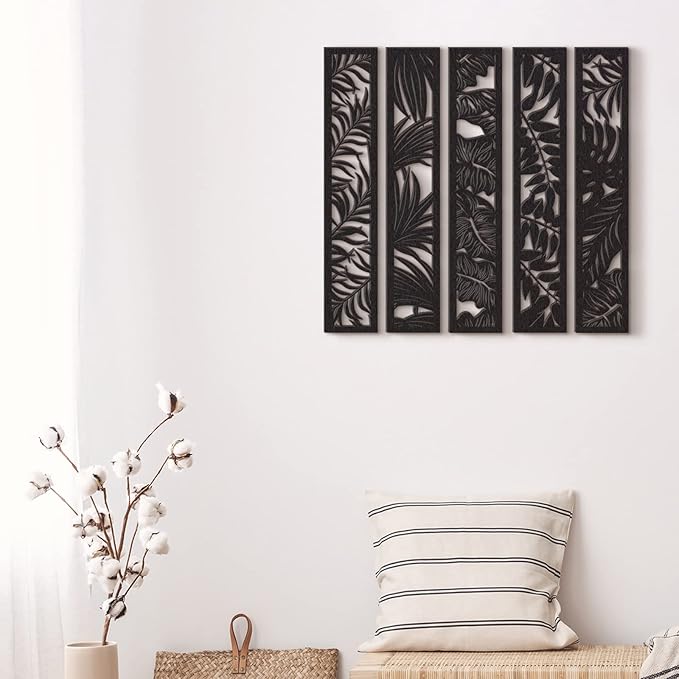Blulu 5 Pieces Wooden Wall Art Hollow Wall Decor Wood Panels for Home Decorations Bedroom Living Room, 15.7 x 2.9 x 0.2 Inch(Leaf,Black)