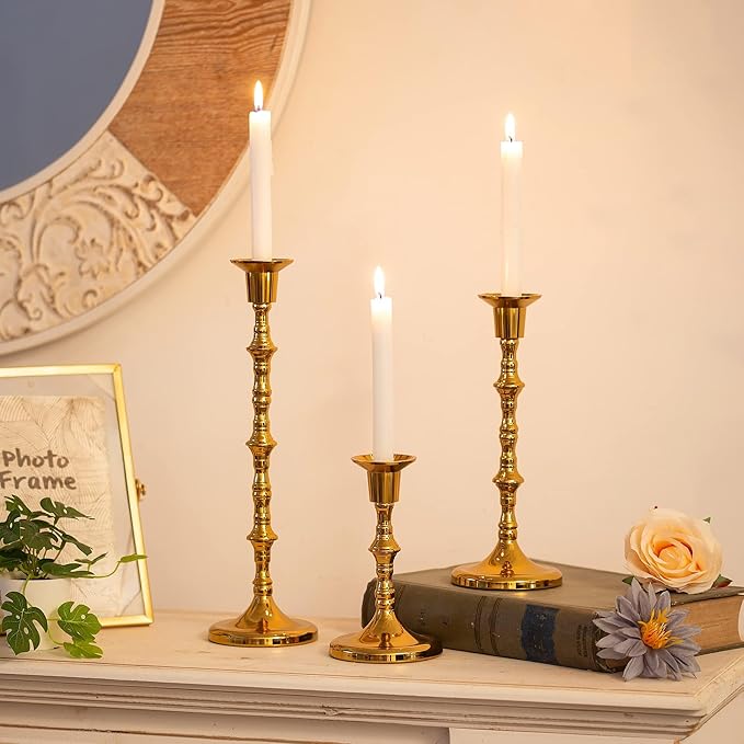 Brass Candlestick Holders Vintage: Tall Gold Taper Candle Holder Antique Candle Stick Holders for Christmas Wedding Centerpieve Living Room Mantle Home Decor Bridal Shower Set of 6