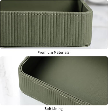 PU Leather Valet Tray Organizer, Modern Nightstand Organizer Bedside Desktop Storage for Womens and Men, Decorative Perfume Trinket Catchall Vanity Tray for Key Watch Wallet (Green)