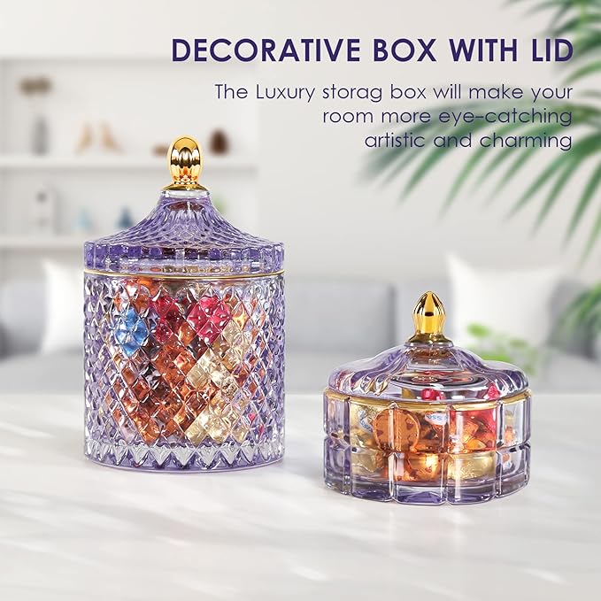 Candy Dish Glass Cookie Jar with Lid Candy Bowl for Office Desk Decor, Apothecary Jars Purple Bathroom Accessories Cute Room Decor Aesthetic, Q Tip Holder Decorative Glass Jewelry Box (20oz)