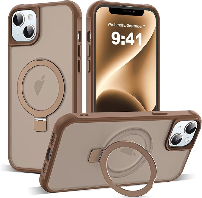 Compatible with iPhone 14 Plus Case with Invisible Magnetic O-Ring Stand Military-Grade Translucent Case for iPhone 14 Plus 6.7" [Compatible with Mag-Safe][Great Grip Feeling],Desert Brown