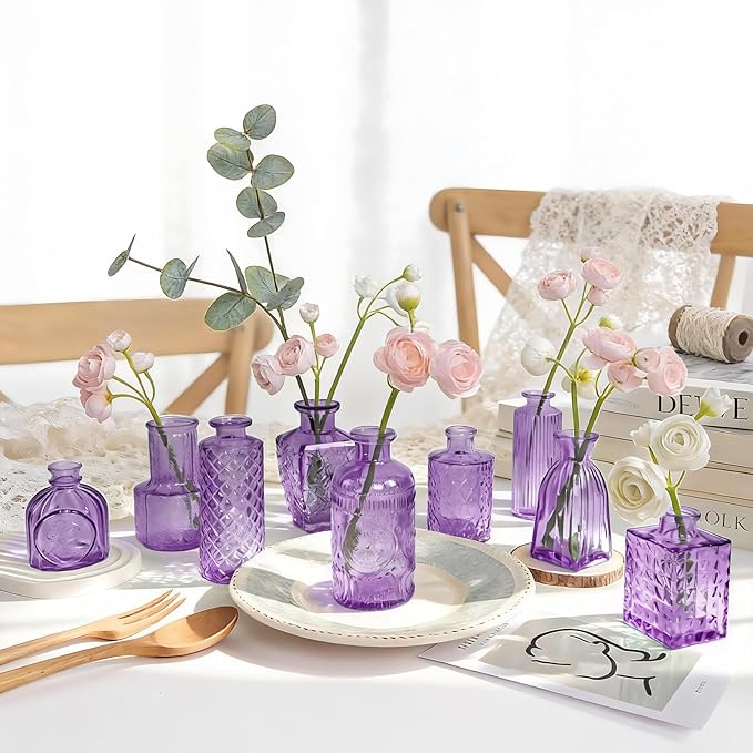 Violet Purple Glass Bud Vases in Bulk 12, Small Vintage Textured Flower Vases for Wedding Centerpieces, Baby Shower, Party Event, Decorative Mini Vase Bottles Set for Flower, Home Table Decor