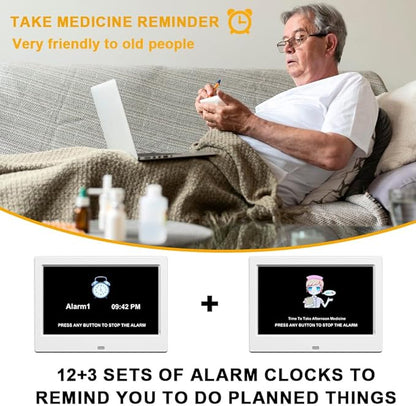 Alarm Clock with Day and Date for Elderly Digital Calendar Clock Photo Frame- Auto Dimmable Display 15 Alarm Options (7inch White)
