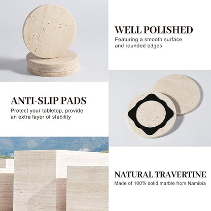 Koville Travertine Coasters, Marble Coaster Set of 4 for Drinks, 4" Round Stone Coasters Set Heat Resistant, Decorative Modern Cup Coaster for Coffee Table Home Bar Decor, Unique Gift Choice(Beige)