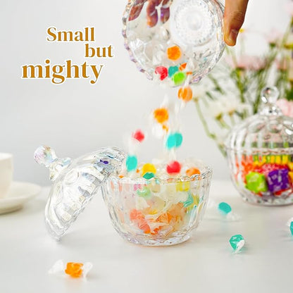 kanpura 11.5 oz Glass Candy Dish with Lid Colorful Candy Jar for Office Desk Decorative Glass Jar for Buffet, Snacks, Coffee Beans 5.5″Tall
