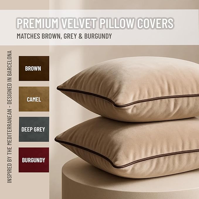 2 Pack Velvet Decorative Throw Pillow Covers, 20"x20", Beige and Brown, Solid, Modern, Contrast Piping, Indoor Use, Bedroom & Living Room