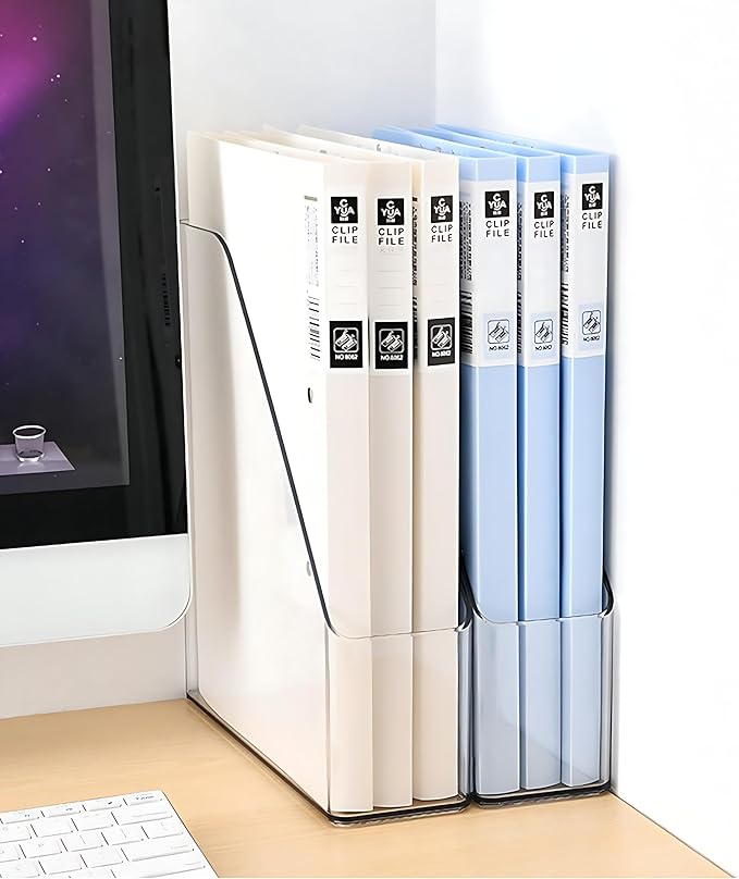 4-Pack Acrylic Magazine Holder & Book Organizer Clear Desktop File Storage Rack for Office/Home, Includes 6 Silicone Bookmarks (Space-Saving Design)