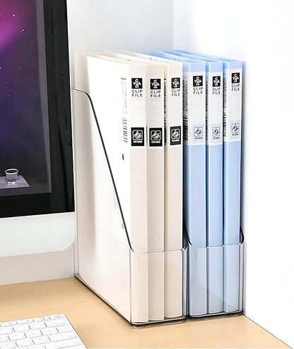 4-Pack Acrylic Magazine Holder & Book Organizer Clear Desktop File Storage Rack for Office/Home, Includes 6 Silicone Bookmarks (Space-Saving Design)