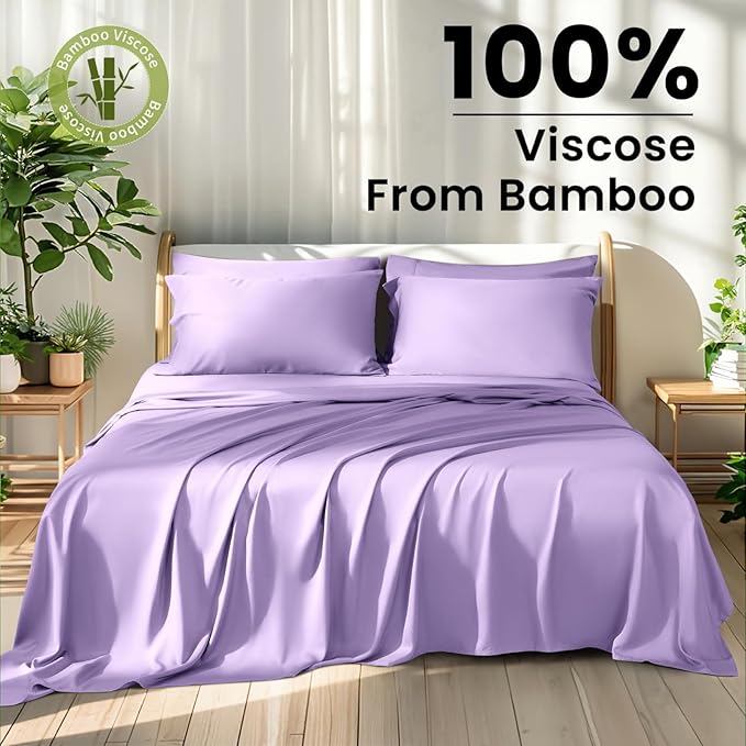 Shilucheng 100% Viscose Derived from Bamboo_ Sheets Queen Size 6pcs - Ultra Cooling & Silky Soft Bed Sheets, 16" Deep Pocket, Perfect for Hot Sleepers, Hotel Bedding Sheets (Lilac)