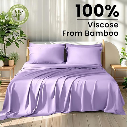 Shilucheng 100% Viscose Derived from Bamboo_ Sheets Queen Size 6pcs - Ultra Cooling & Silky Soft Bed Sheets, 16" Deep Pocket, Perfect for Hot Sleepers, Hotel Bedding Sheets (Lilac)