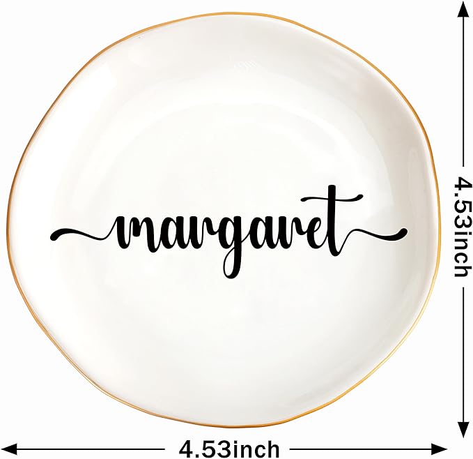 JoycuFF Margaret Personalized Name Ceramic Jewelry Tray, Mothers Day Christmas Anniversary Engagement Birthday Gifts for Women Couples, Trinket Dish for Rings Earrings Necklaces Bracelets Keys