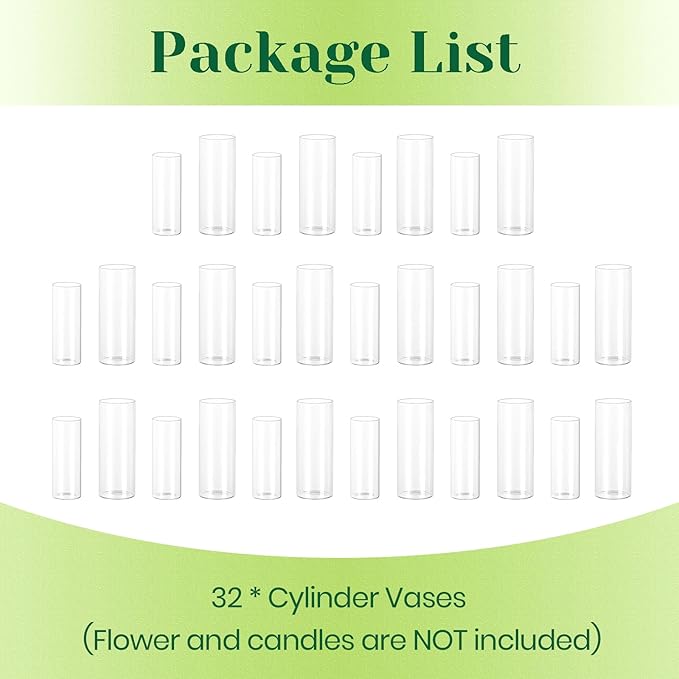 Hewory Glass Cylinder Vases for Centerpieces: 7“+6" Tall 32Pcs Clear Small Bud Vases for Flowers Wedding Party Table Decoration - Skinny Hurricane Candle Holders for Floating Candles