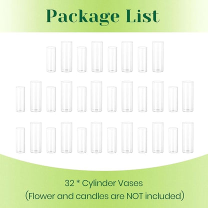 Hewory Glass Cylinder Vases for Centerpieces: 7“+6" Tall 32Pcs Clear Small Bud Vases for Flowers Wedding Party Table Decoration - Skinny Hurricane Candle Holders for Floating Candles