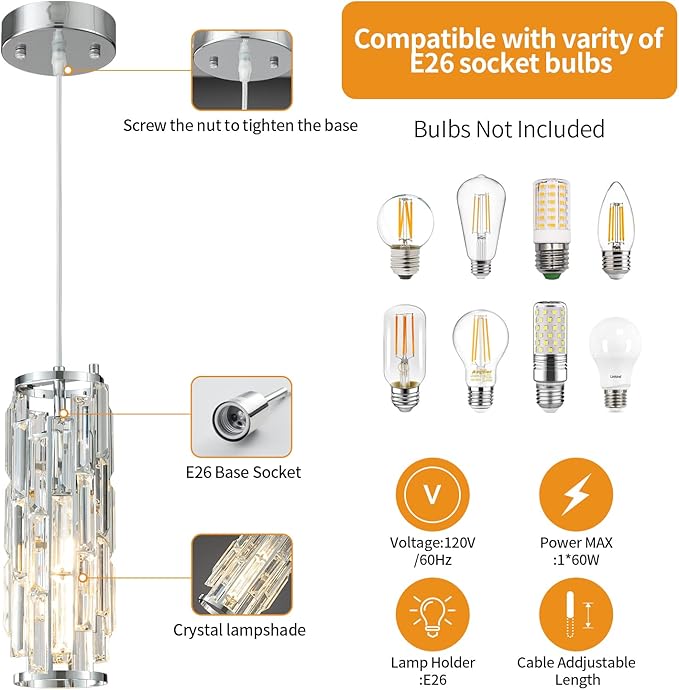 LMQNINE Chrome Pendant Light - Modern Pendant Lighting for Kitchen Island and Bedroom (Chrome 1-Pack)