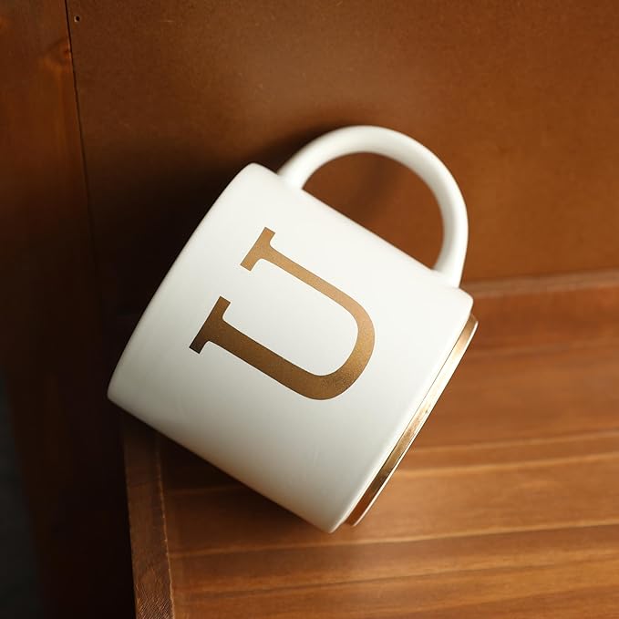 COLLECTIVE HOME - Monogram Ceramic Mugs, 15 oz Golden Initial Coffee Cups, Elegant Alphabet Tea Mugs, Elegant Personalized Mug with Gift Box, Unique Mug with Double Side Capital Letter (U)