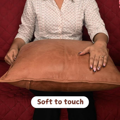 Lambskin Leather Pillow Cover - Sofa Cushion Case - Decorative Throw Covers for Living Room & Bedroom, 18x18 Inches - Antique Brown Box Pack of 1