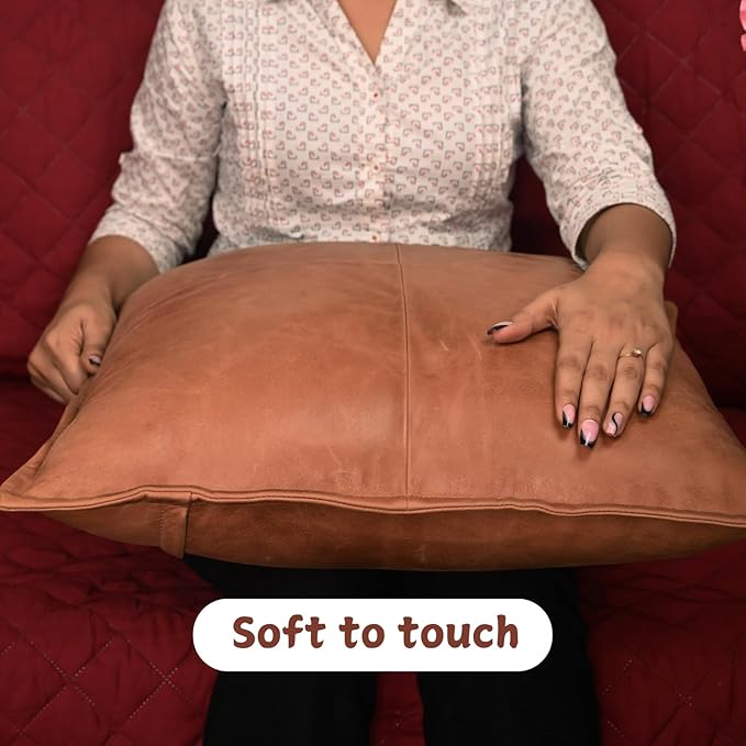 Lambskin Leather Pillow Cover - Sofa Cushion Case - Decorative Throw Covers for Living Room & Bedroom, 20x20 Inches - Antique Brown Box Pack of 1