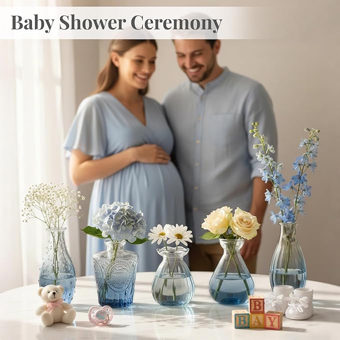 BEAHOT 32 Pack Bud Vase in Bulk,Mini Blue Vintage Glass Flower Vases for Centerpieces,Wedding Decor,Party & Home Decaration,Mother's Day (Blue-Gradient)