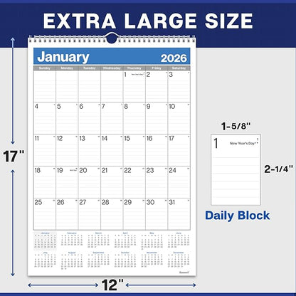 Dunwell 2026 Large Wall Calendar 12x17, Blue, Big Grid 12 x 17 Hanging Monthly Calendar with Large Daily Blocks, Premium Paper, Jan–Dec 2026