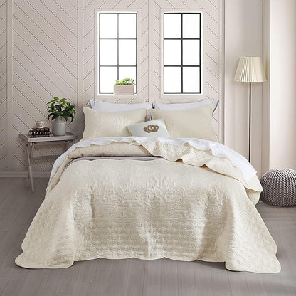 CHIXIN Bedspread Coverlet Set Queen Size - Lightweight Bedding Cover - Ultrasonic Quilting - 5 Piece Reversible Bedspread - Elegant Damask Paisley Pattern (Queen, Ivory)