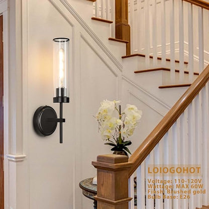 Wall Sconces Set of Two,Black Modern Wall Lighting 16" Bathroom Sconces Wall Lighting 60W with Clear Glass Shade for Living Room Corridor Mirror Bedroom Stairs