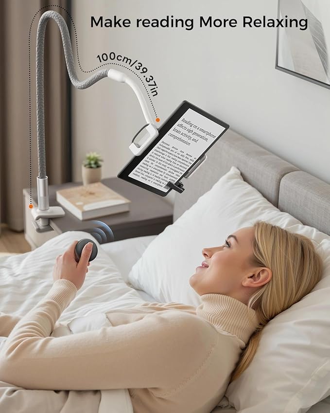 SAIJI Gooseneck Kindle Holder with Remote Page Turner, Tablet Holder for Bed, 100 cm Flexible Lazy Arm，Free Hands Kindle Accessories, Leather Tablet Stand for Reading in Bed, Gray