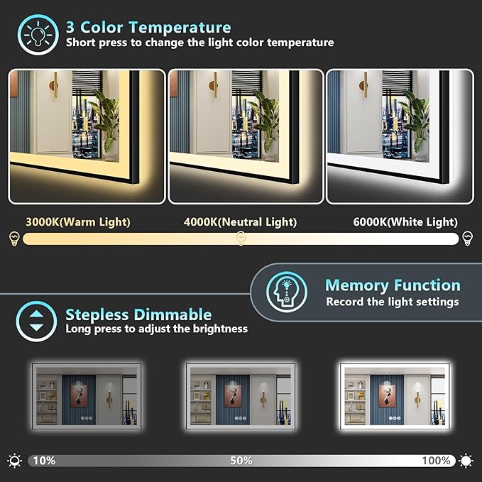 66x40 Black Framed LED Bathroom Mirror with Lights, Backlit and Front Lit, Anti-Fog Lighted Vanity Mirrors for Bathroom Wall, Dimmable, 3-Color Light, Memory, Shatter-Proof, HD Tempered Glass