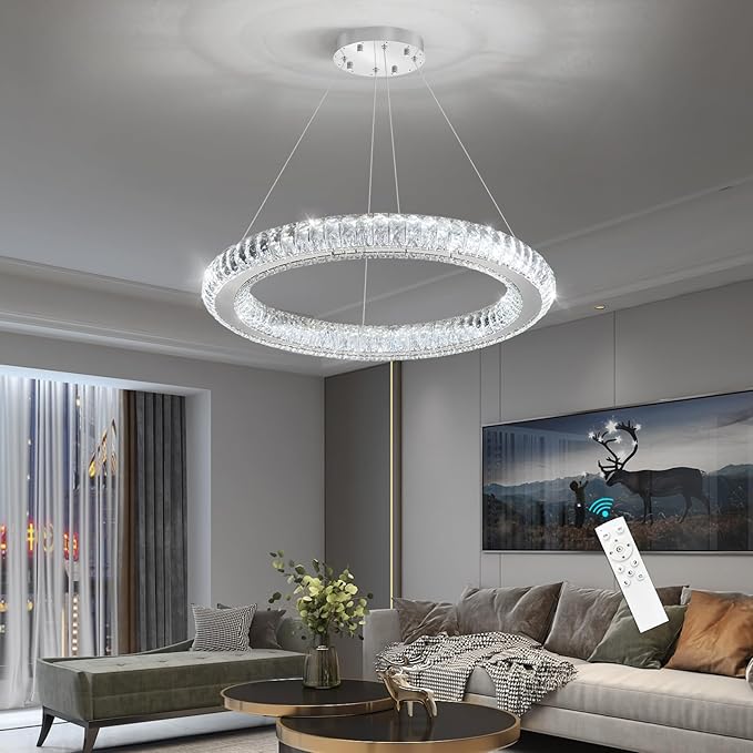 LED Chandelier Modern Dimmable Dining Room Chanderliers Entryway Crystal Ring Pendant Lights for Kitchen Bedroom Living Room Silver Light