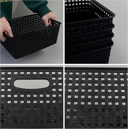 Morcte Plastic Weave Shelf Basket, 4-Pack Plastic Baskets Organizer, Black