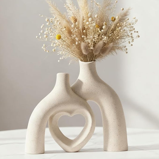 Modern Ceramic Vase, Snuggle Heart-Shaped Abstract Sculpture Vases, Minimalist Boho Home Decor for Living Room Shelf & Table Centerpiece Decorative Vase (Milky White)