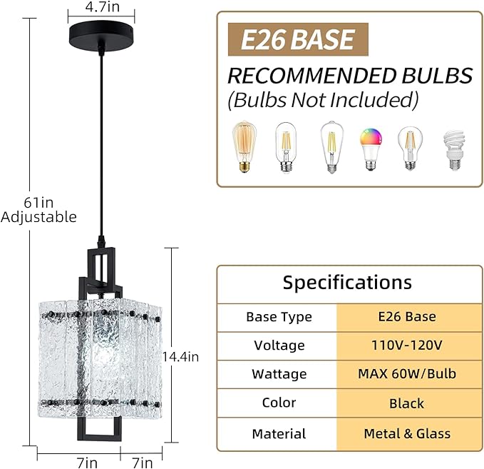 Black Glass Pendant Lights Kitchen Island, Modern Pendant Light Fixtures with Water Ripple Glass Square Pendant Lighting for Dining Room Kitchen Island