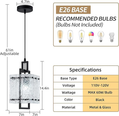 Black Glass Pendant Lights Kitchen Island, Modern Pendant Light Fixtures with Water Ripple Glass Square Pendant Lighting for Dining Room Kitchen Island