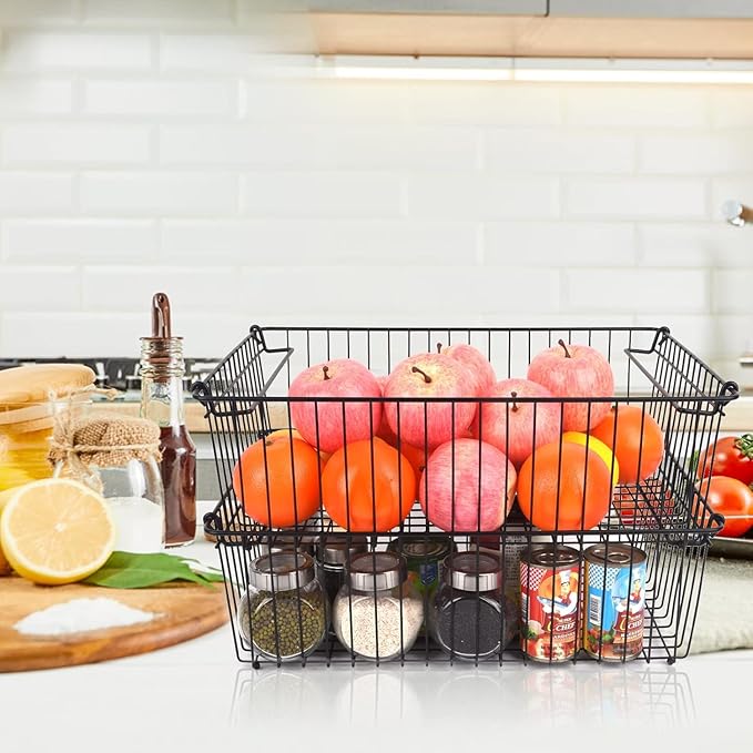 Set of 2 Stackable XXL Wire Baskets For Pantry Storage and Organization -16x12in Large Metal Food Baskets -Vegetable,Fruit,Potato,Onio, Pantry Storage Bins With Handles (White, XXL)
