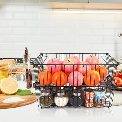 Set of 2 Stackable XXL Wire Baskets For Pantry Storage and Organization -16x12in Large Metal Food Baskets -Vegetable,Fruit,Potato,Onio, Pantry Storage Bins With Handles (White, XXL)