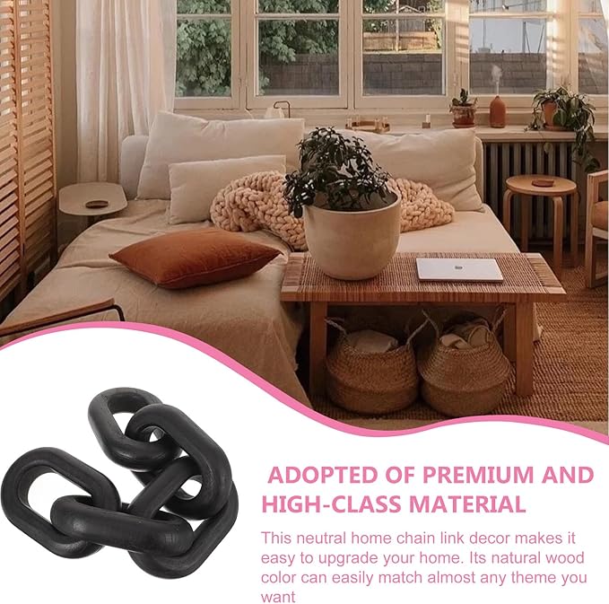 OSOLADY Wood Chain Link Decor: 5-Link Decorative Wooden Chain - Aesthetic Home Decor for Farmhouse Bookshelf Coffee Table Living Room Racks Cabinet Black