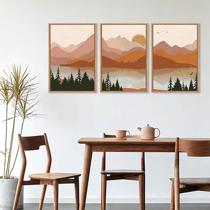 HLNIUC Burnt Orange Wall Decor, Boho Mountain 16x24 Wall Art Framed Large, Southwest Terracotta Nature Art Canvas Painting, Mid Century Modern Rustic Sunset Prints for Living Room, Bedroom, Office
